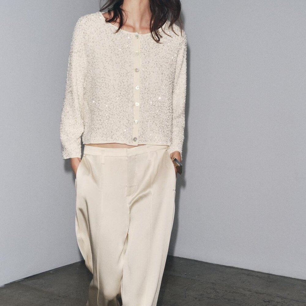 ZARA SEQUIN KNIT CARDIGAN BOAT NECK BUTTON FRONT NWT SIZE L - Picture 4 of 10